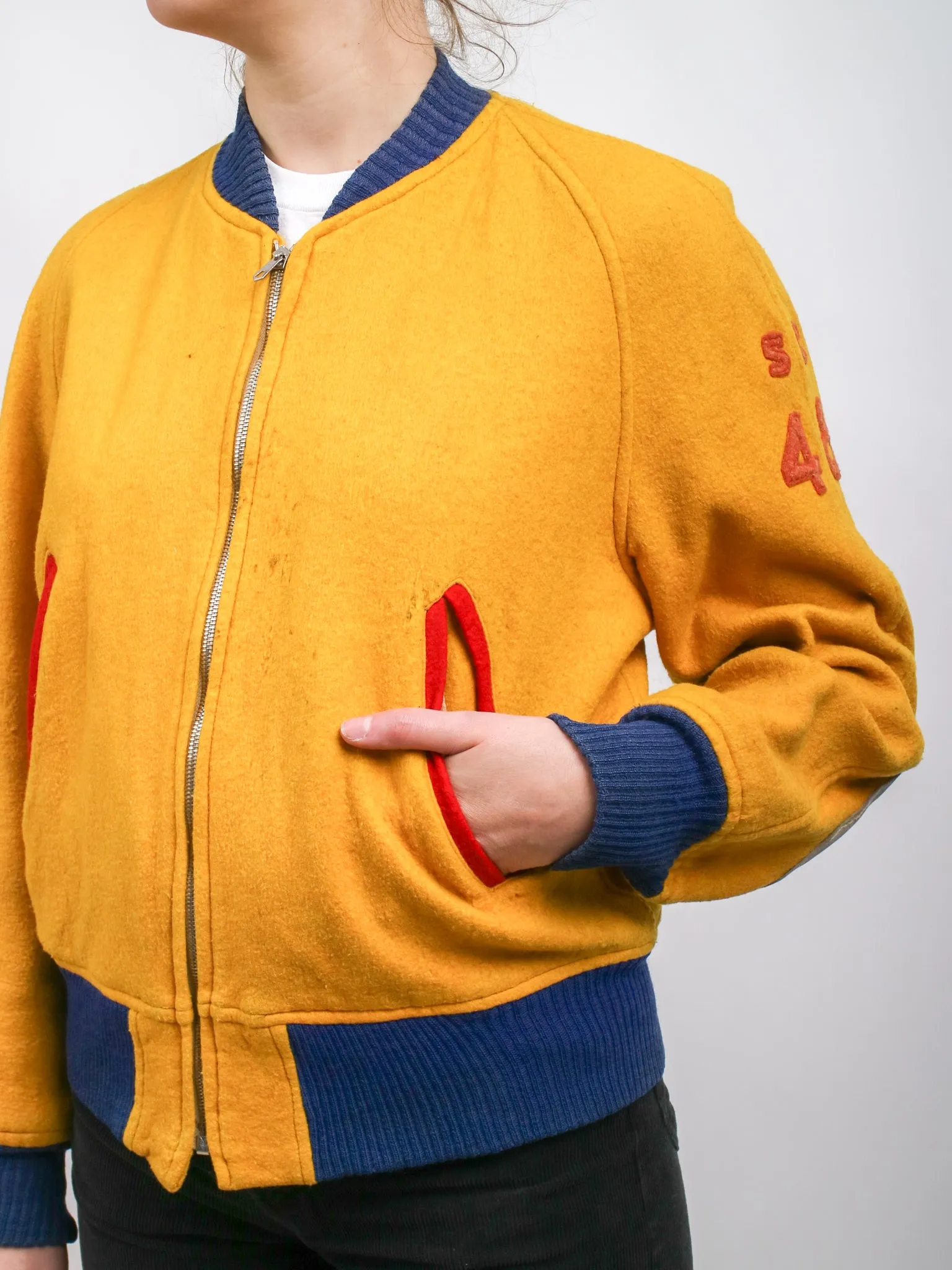 1948 Yellow and Blue Queens University Felt Bomber Letterman Jacket