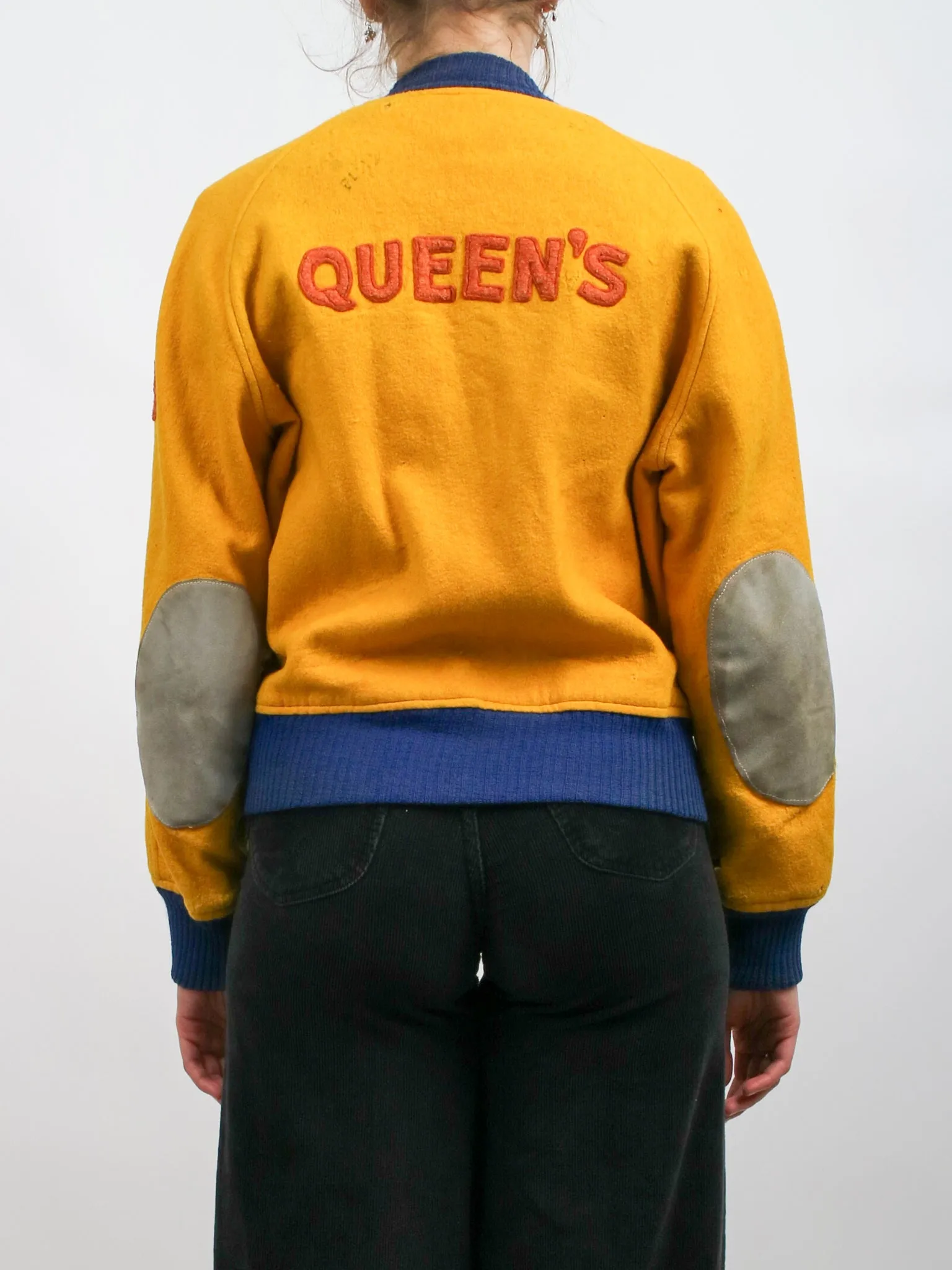 1948 Yellow and Blue Queens University Felt Bomber Letterman Jacket