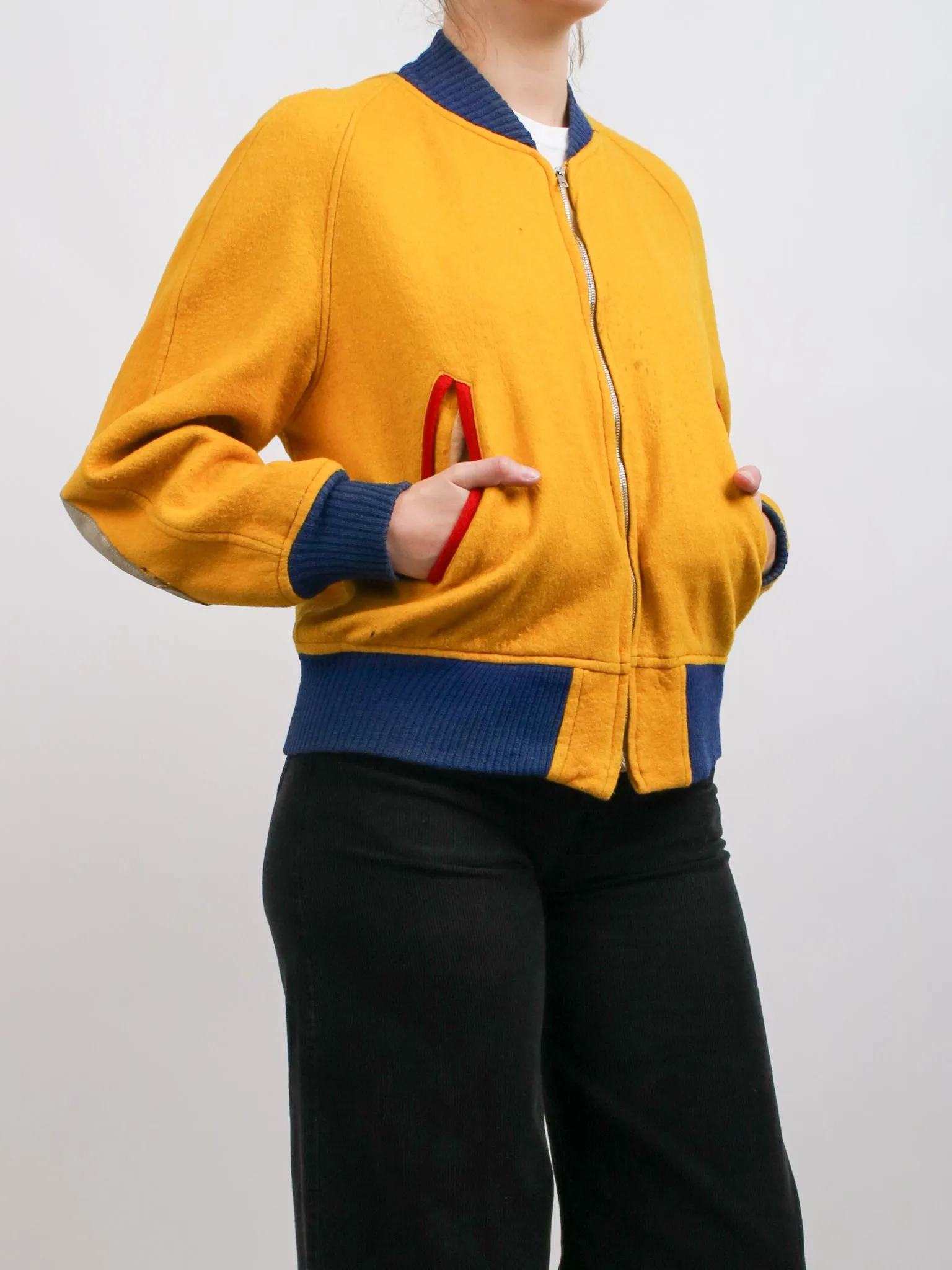 1948 Yellow and Blue Queens University Felt Bomber Letterman Jacket