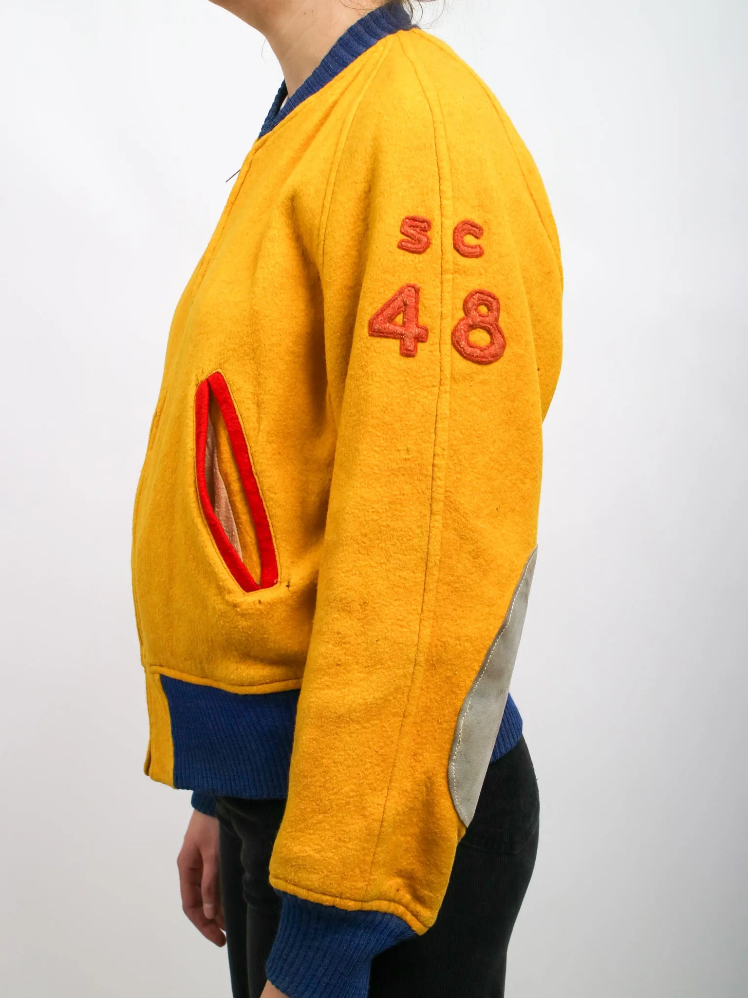 1948 Yellow and Blue Queens University Felt Bomber Letterman Jacket