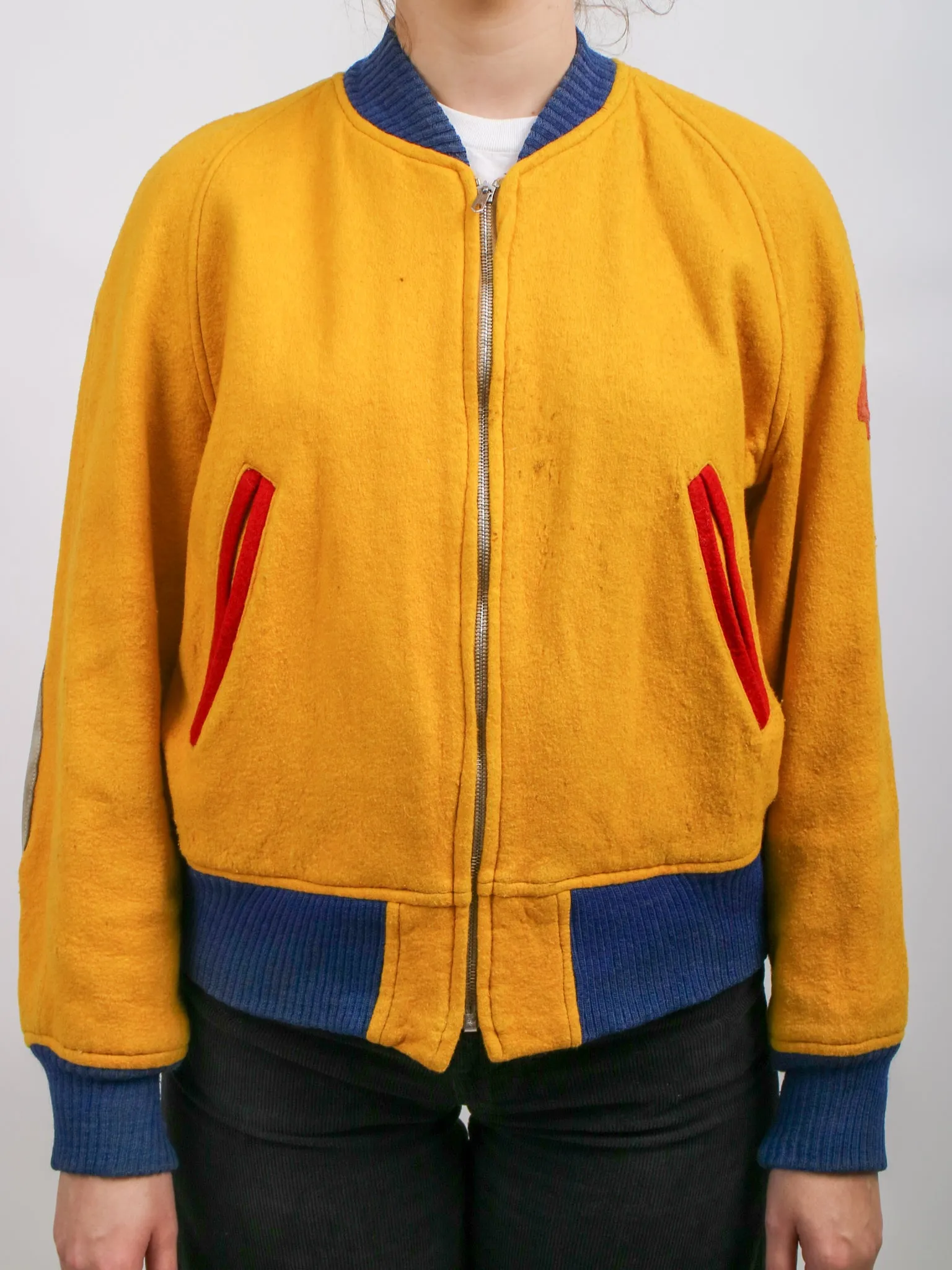 1948 Yellow and Blue Queens University Felt Bomber Letterman Jacket