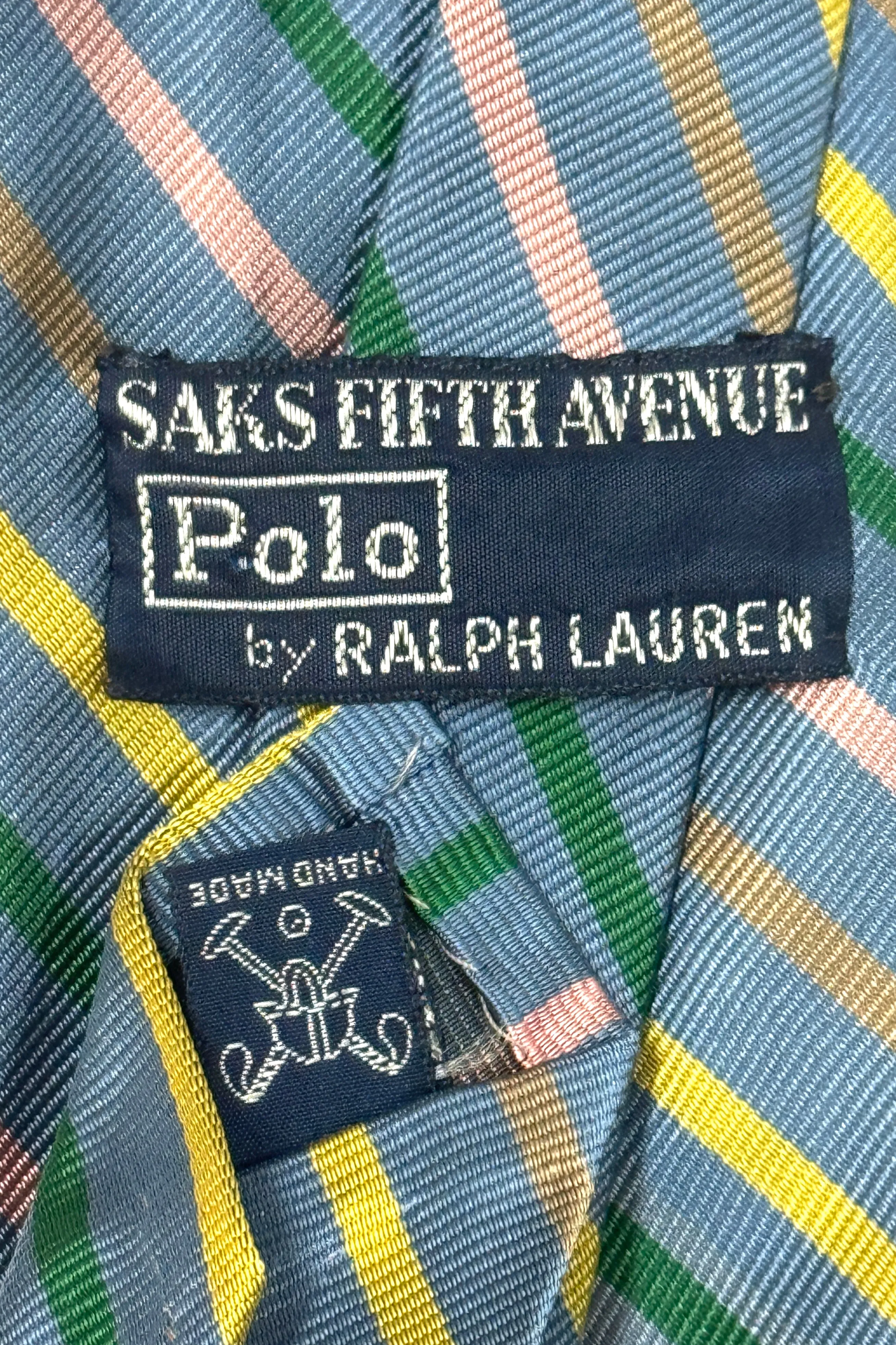 1970’S POLO RALPH LAUREN FOR SAKS FIFTH AVENUE MADE IN USA GRAY CANDY STRIPED SILK HANDMADE NECK TIE