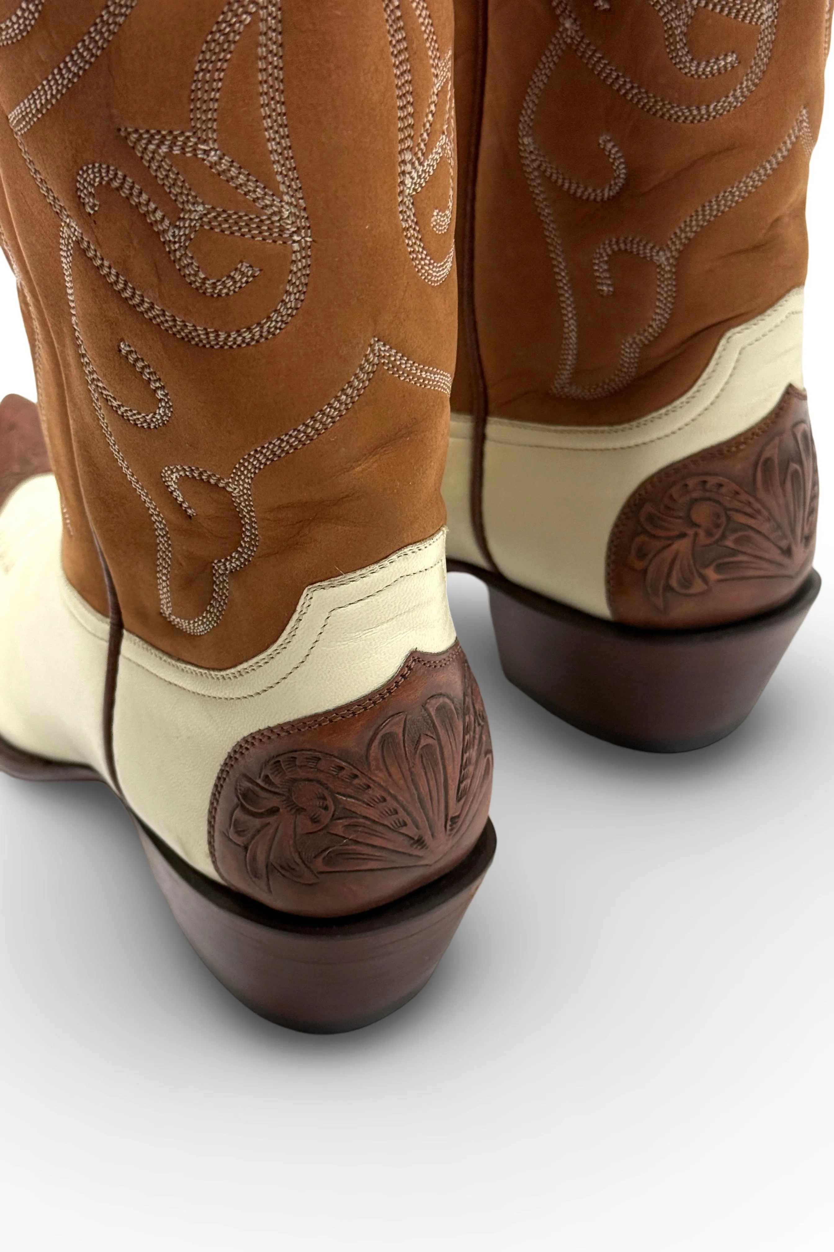 1980’S CUSTOM MADE IN USA TWO TONE HAND STAMPED LEATHER COWBOY BOOTS WOMEN’S 8.5 MEN’S 7.5