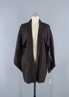 1980s Vintage Silk Haori Kimono Jacket Cardigan / Brown Ikat