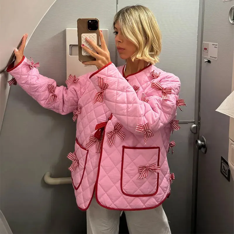 Advbridge Women Fashion Pink 3d Bows Patchwork Lace Up Cotton Coat Sweet Contrasting V-neck Pockets Quilted Jackets 2024 Lady Chic Outwear