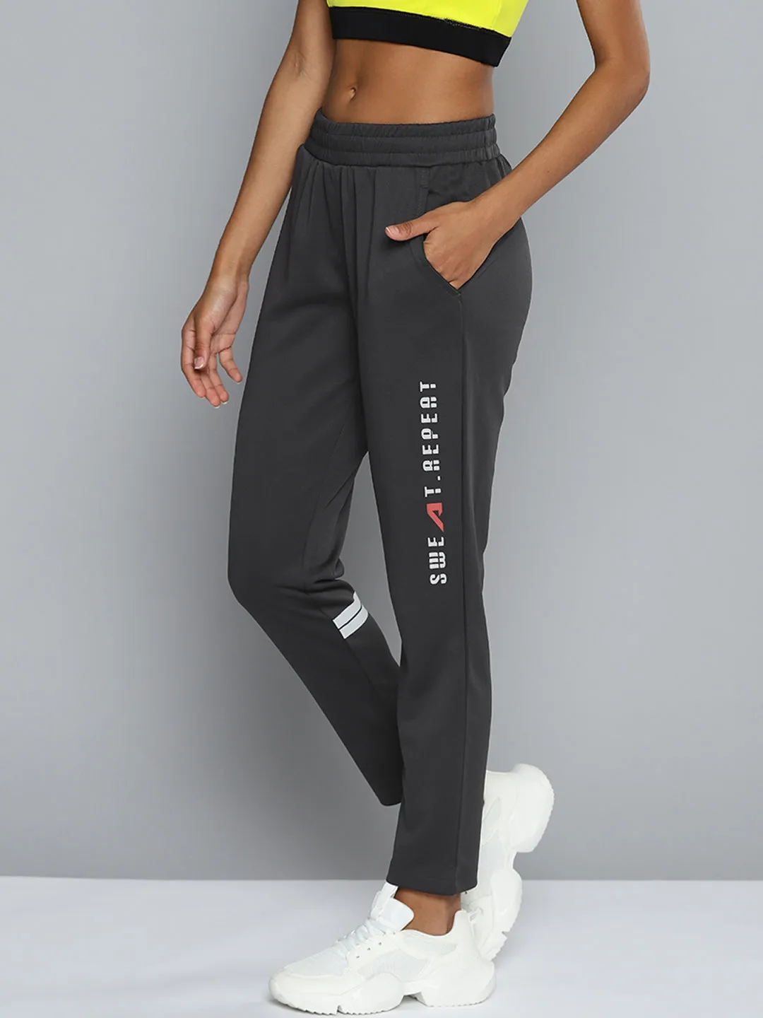 ALCIS Women Charcoal Grey Typography Track Pants