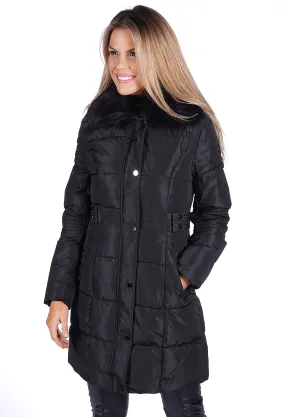 Black Belted Coat with Detachable Faux Fur Collar