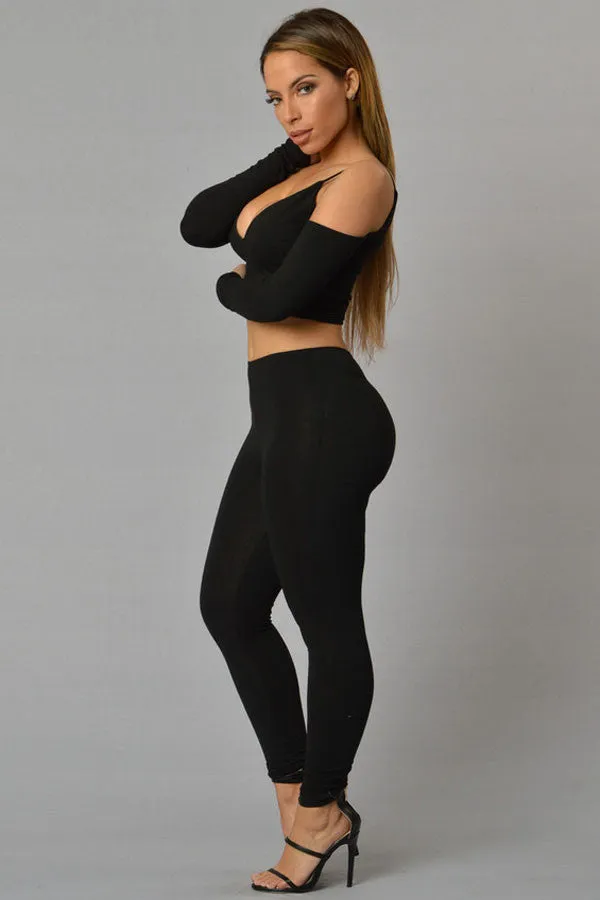 Black Cut out Shoulder Top & Pant Set