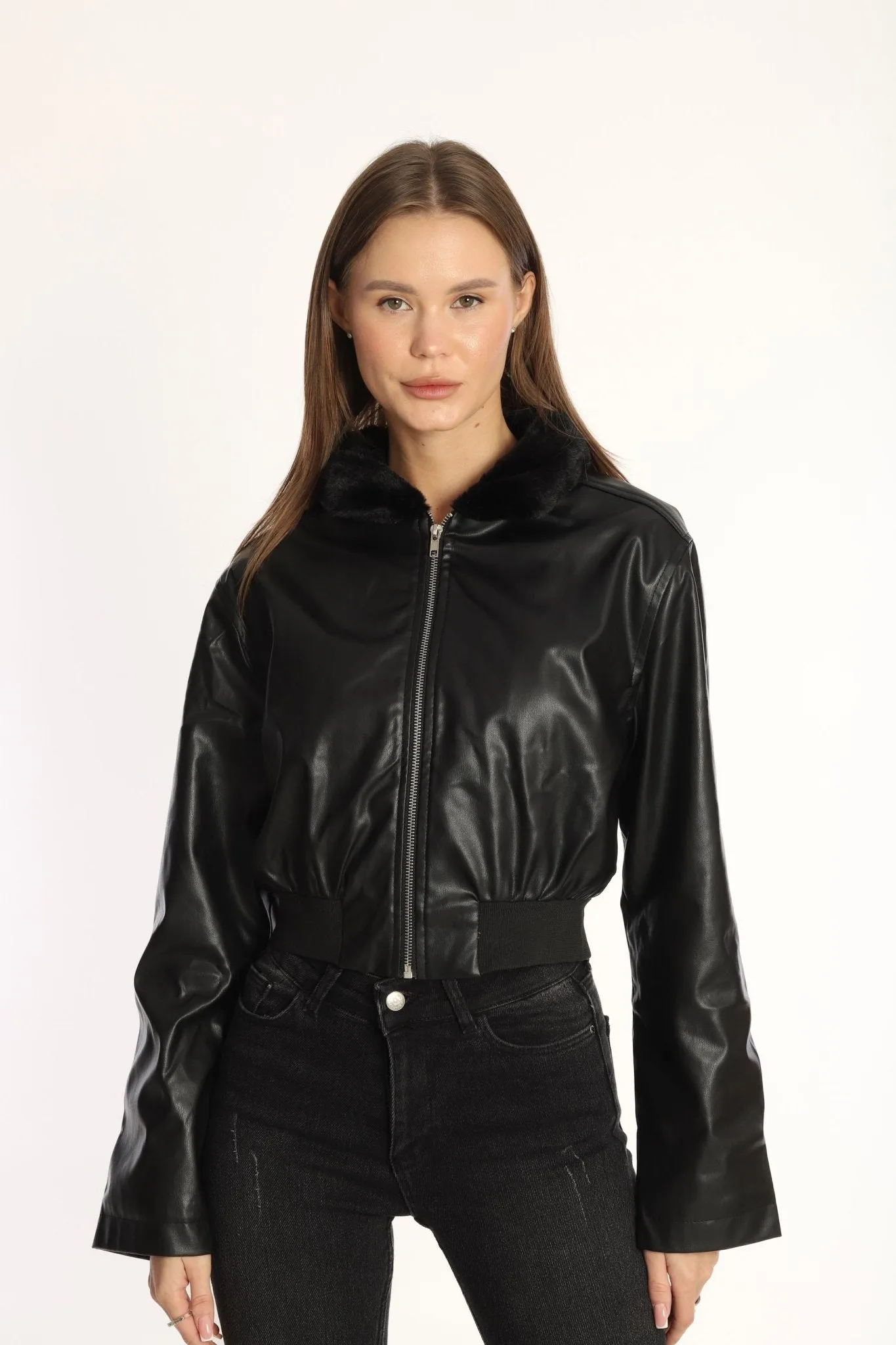 Black  Fur Collar Leather Coat