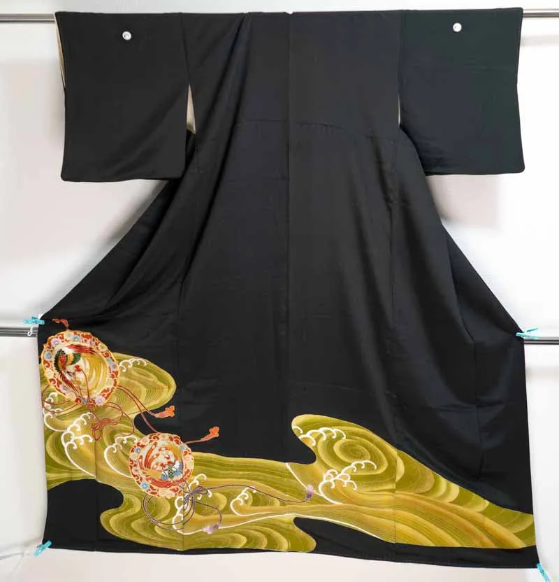 Black Great Wave Tomesode - Mythical Creatures Phoenix Kimono Waves Kanagawa Inspired Vintage Silk