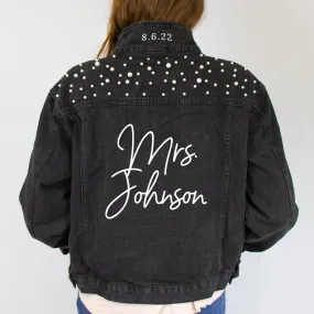 (Black Pearl) Personalized Mrs. Johnson  Pearl Denim Jacket