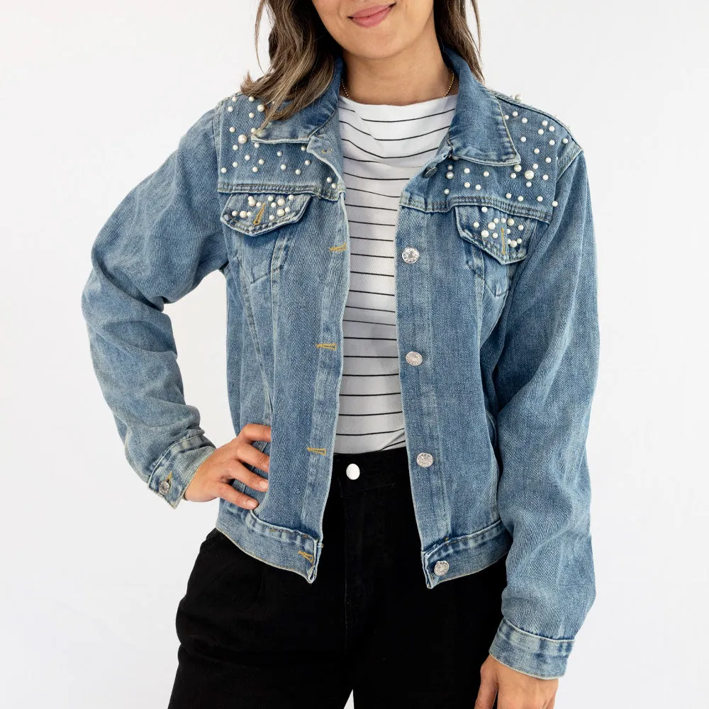 (Black Pearl) Personalized Mrs. Johnson  Pearl Denim Jacket