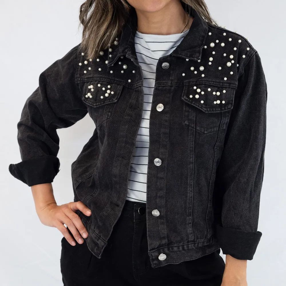 (Black Pearl) Personalized Mrs. Johnson  Pearl Denim Jacket