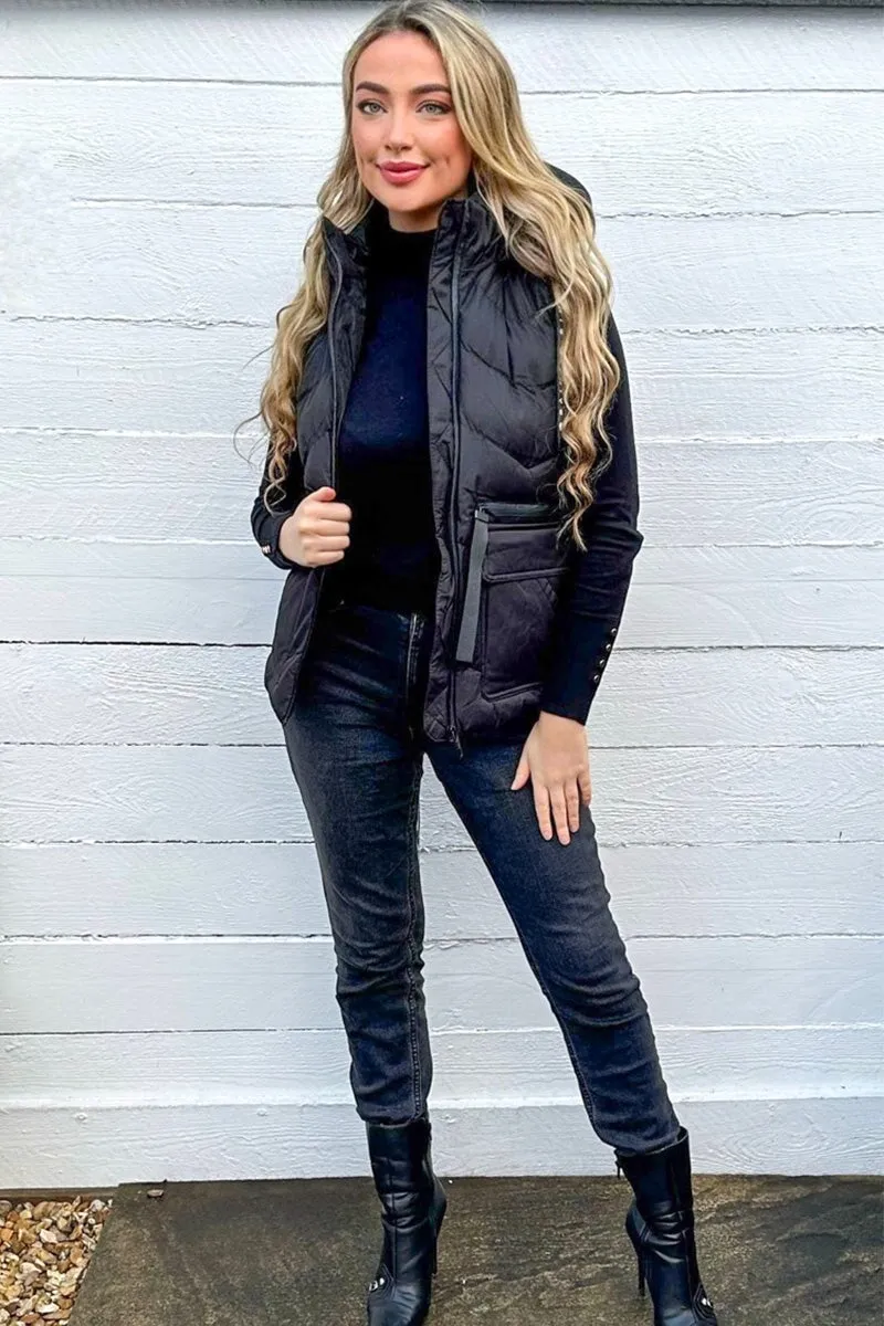 BLACK QUILTED PADDED HOODED PUFFER GILET