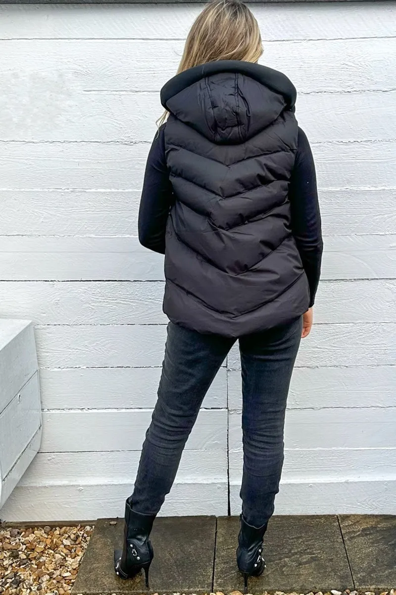 BLACK QUILTED PADDED HOODED PUFFER GILET