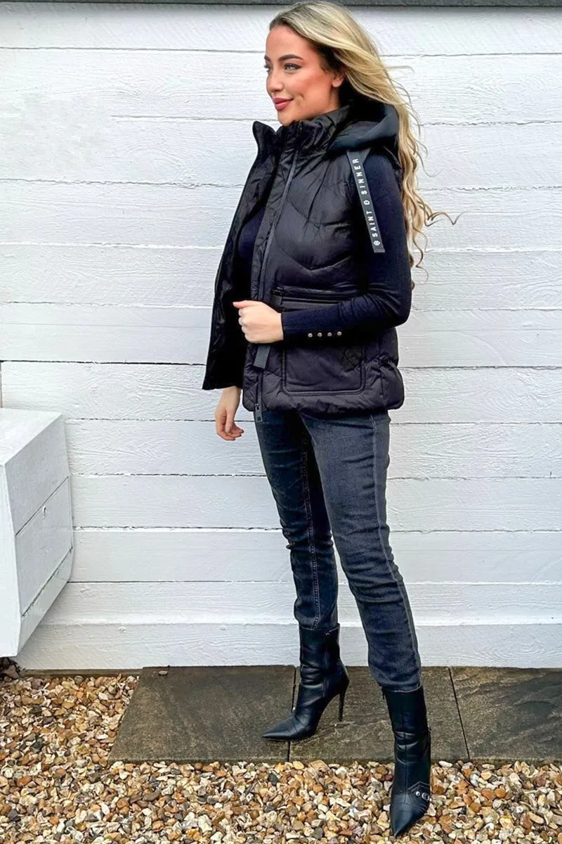 BLACK QUILTED PADDED HOODED PUFFER GILET