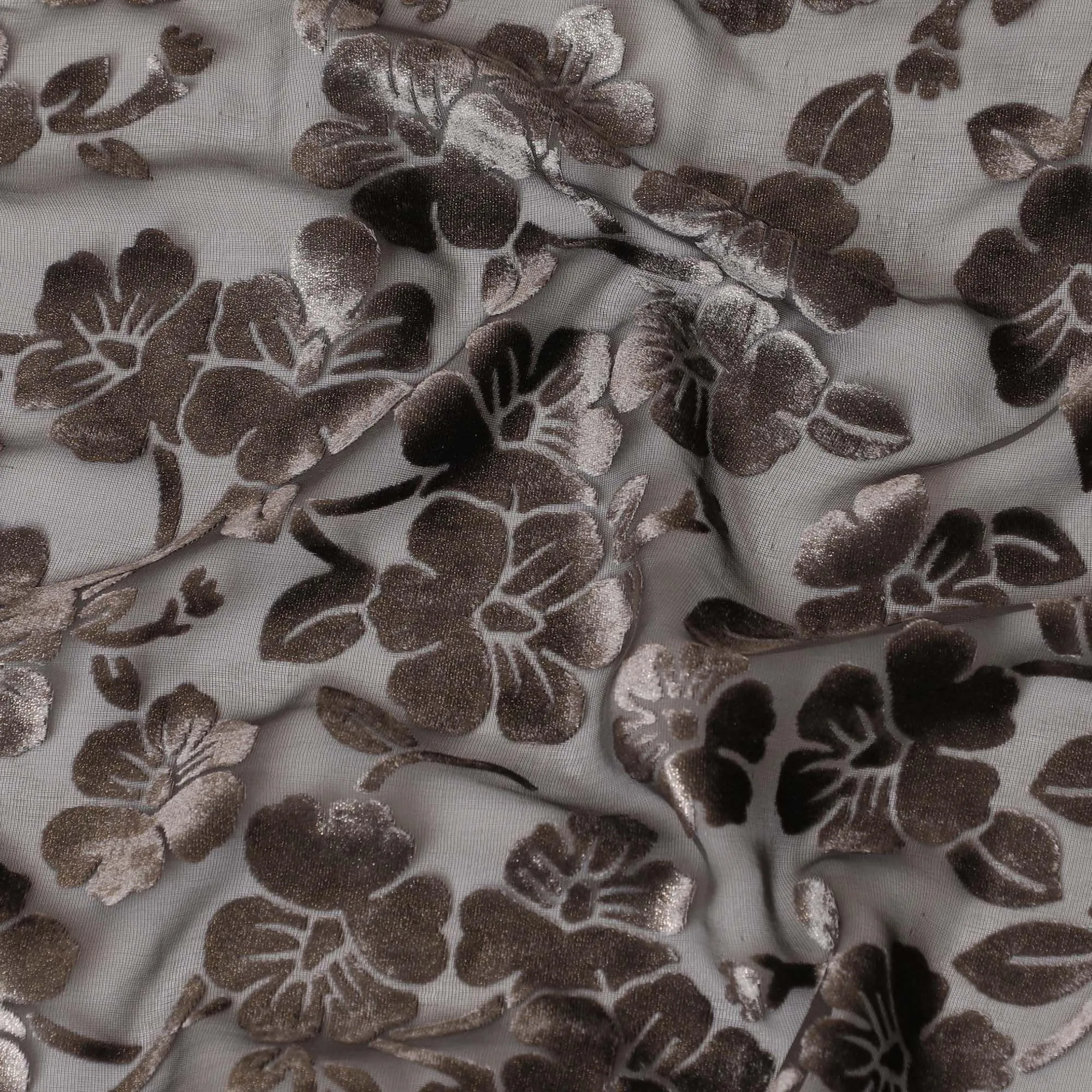 Black silk chiffon dirac (makmal) fabric with brown, gold velvet jacquard in floral design-D8649