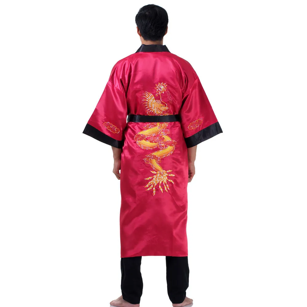 Burgundy Zhulong Reversible Dragon Kimono Robe for Men