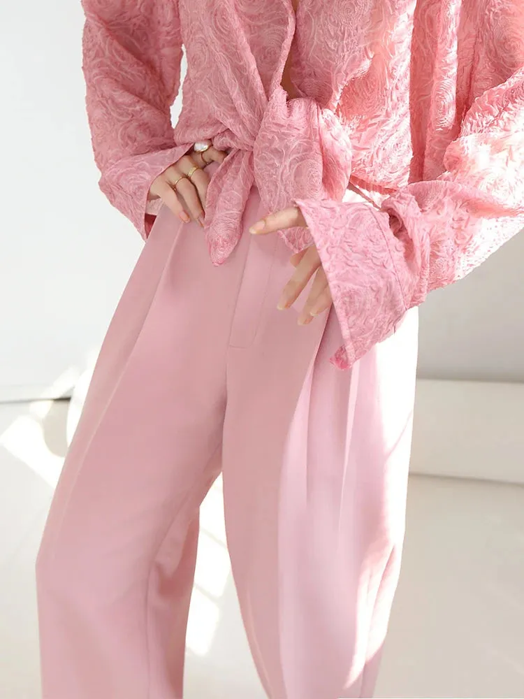 Casual Pink Wide Leg Pants For Women High Waist Loose Solid Minimalist Trousers Female Autumn Fashion Clothing