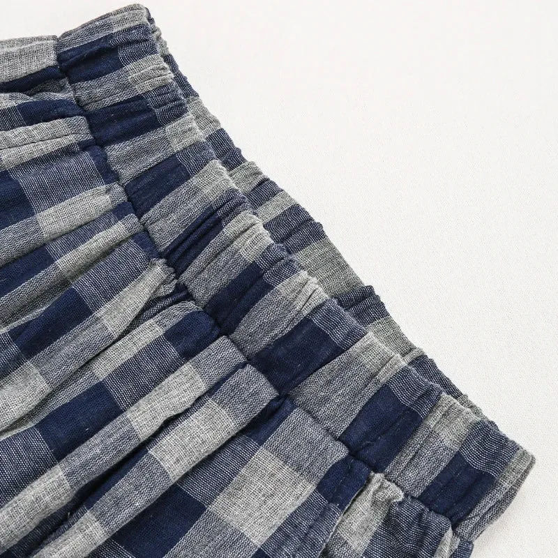 Children's Retro Blue Plaid Trousers 2024 Spring Autumn New Korean Boys And Girls Double-Layer Cotton Casual Harem Pants WTP121