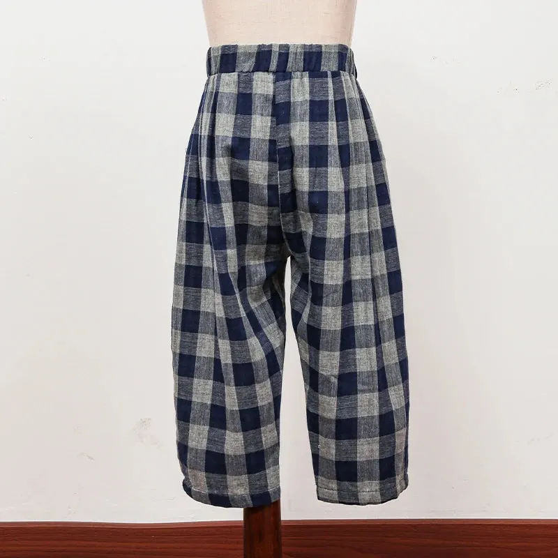 Children's Retro Blue Plaid Trousers 2024 Spring Autumn New Korean Boys And Girls Double-Layer Cotton Casual Harem Pants WTP121