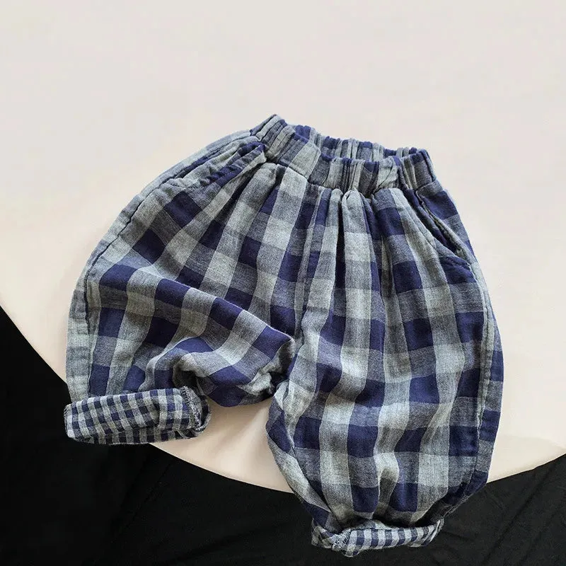 Children's Retro Blue Plaid Trousers 2024 Spring Autumn New Korean Boys And Girls Double-Layer Cotton Casual Harem Pants WTP121