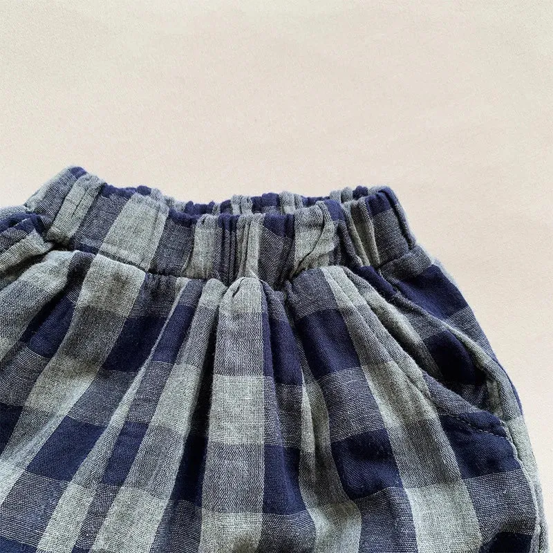 Children's Retro Blue Plaid Trousers 2024 Spring Autumn New Korean Boys And Girls Double-Layer Cotton Casual Harem Pants WTP121