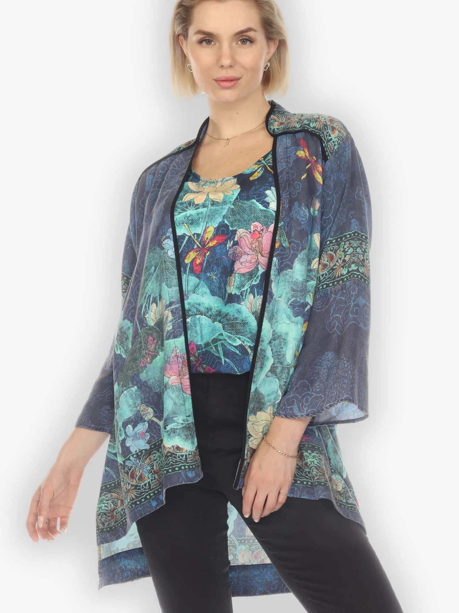 Dragonfly Lotus Turquoise Open Front Jacket