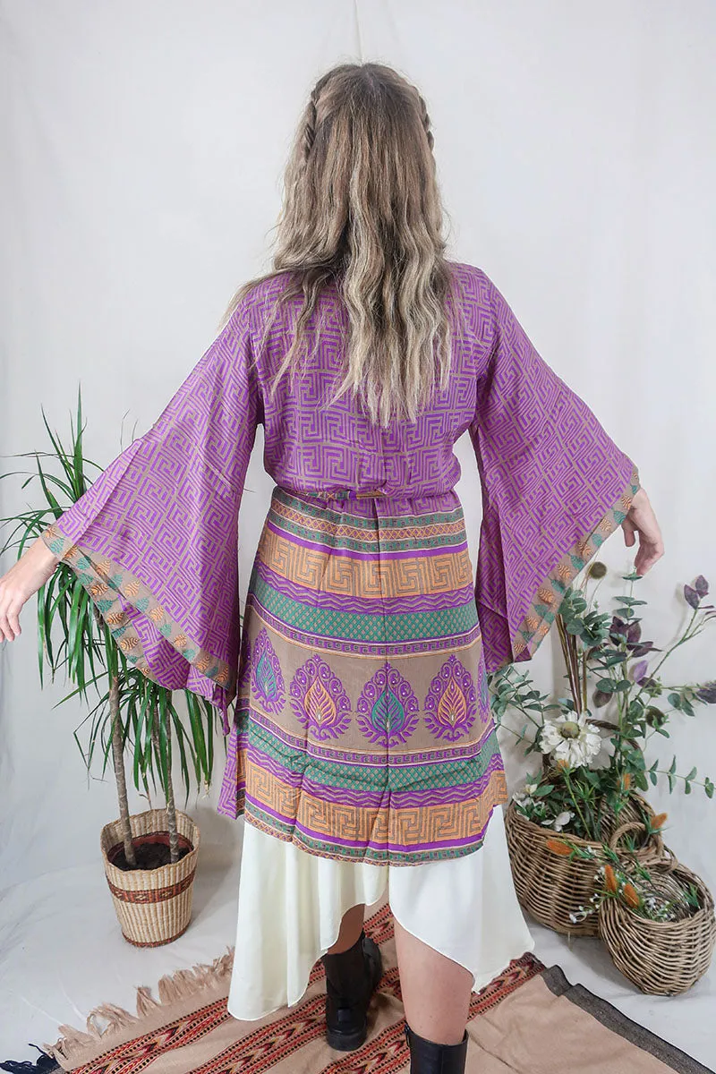 Gemini Kimono - Fuchsia & Camel Geometric - Vintage Indian Sari - Size XXL