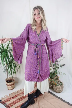 Gemini Kimono - Fuchsia & Camel Geometric - Vintage Indian Sari - Size XXL