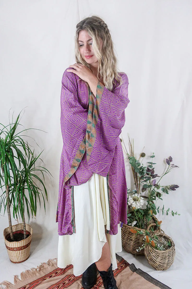 Gemini Kimono - Fuchsia & Camel Geometric - Vintage Indian Sari - Size XXL