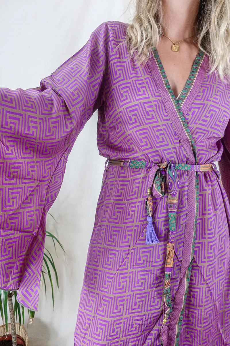 Gemini Kimono - Fuchsia & Camel Geometric - Vintage Indian Sari - Size XXL