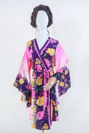 Gemini Kimono - Rosy Pink Vibrant Floral - Vintage Indian Sari - Size M/L