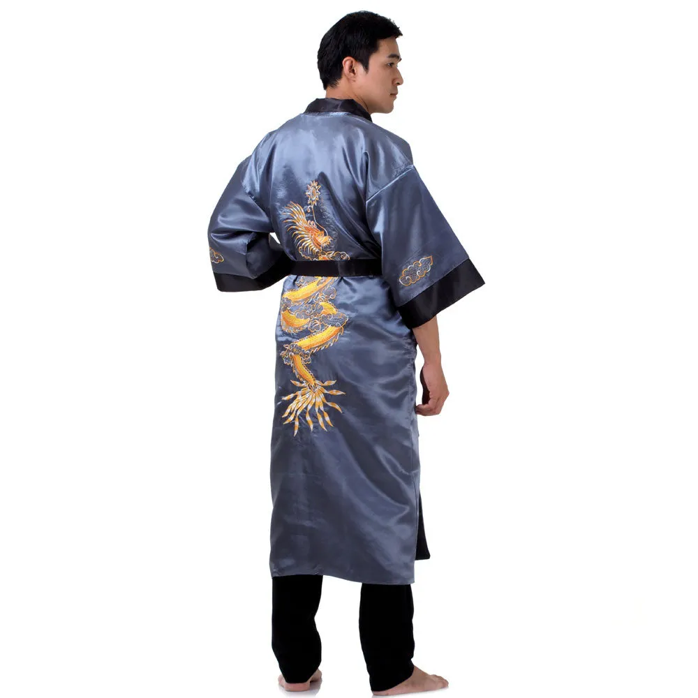 Gray Mizuchi Reversible Dragon Kimono Robe for Men