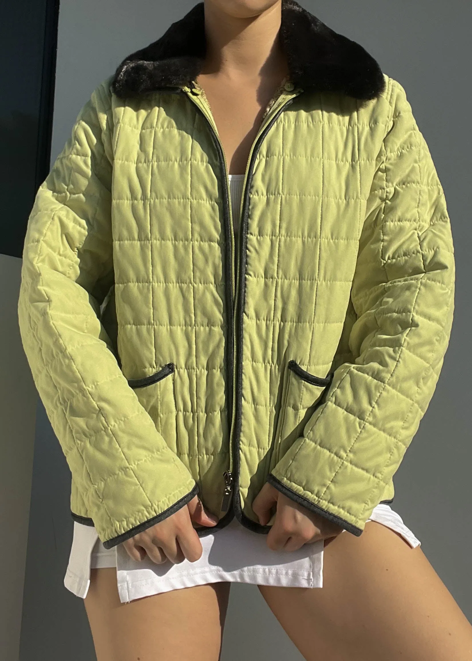 Green Quilted Fur Collar Jacket (M)