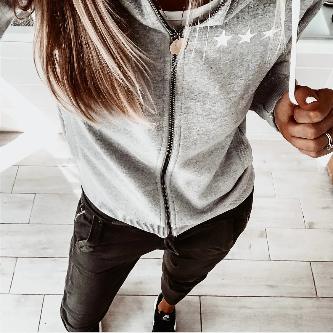 Grey / white stars & zip hoody *unisex fit*