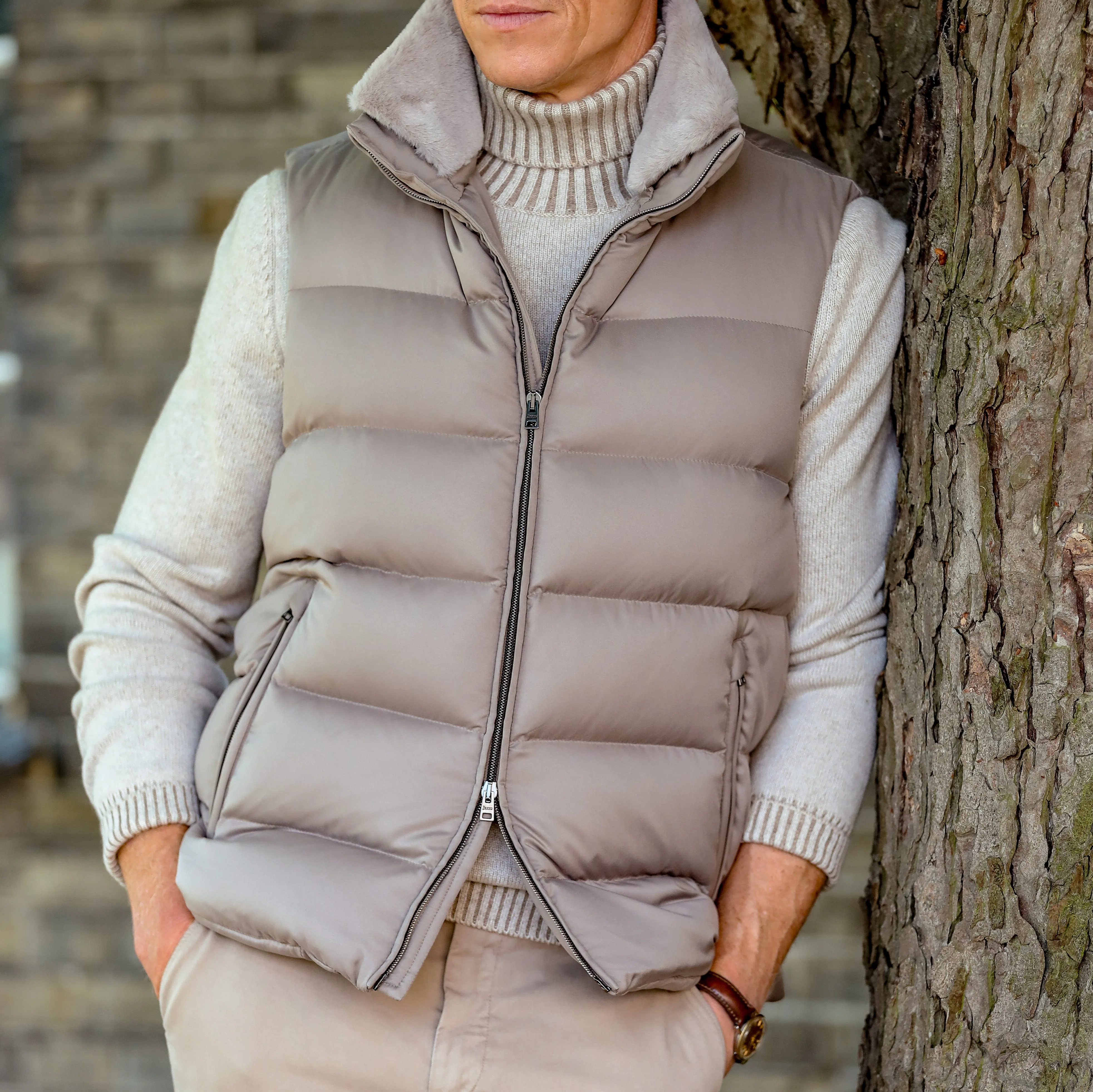 Light Beige Nylon Goose Down Quilted Gilet