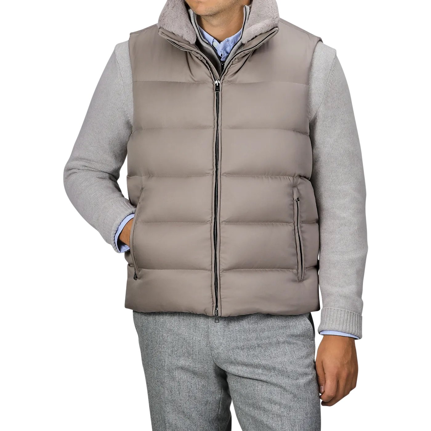 Light Beige Nylon Goose Down Quilted Gilet