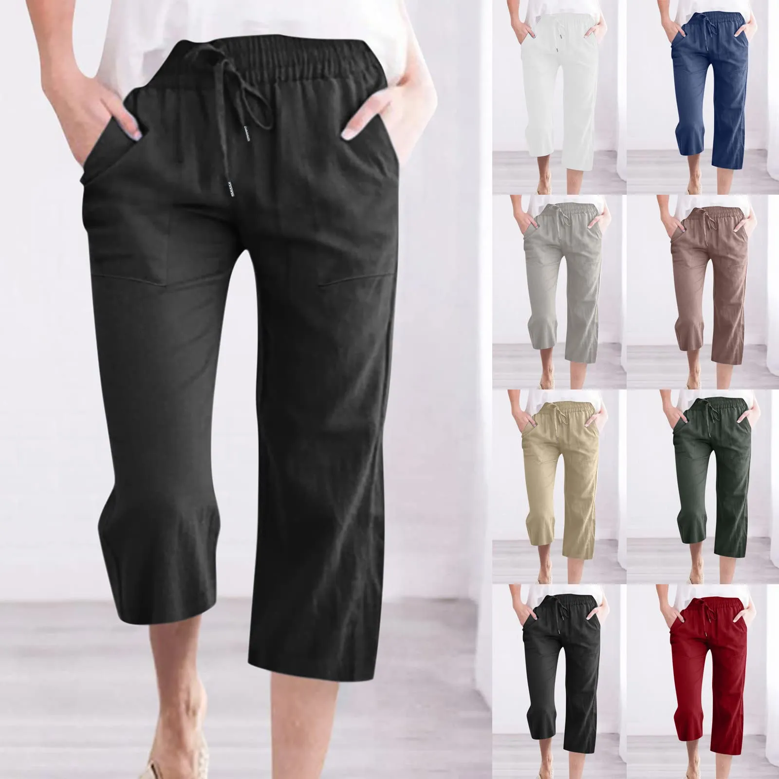 Lightning Deals Today 2024 Capri Pants for Women Casual 2024 Summer Linen Pant Drawstring Elastic Waist Pant Straight Wide Leg Cropped Trousers lightning deals today clearance prime warehouse deal