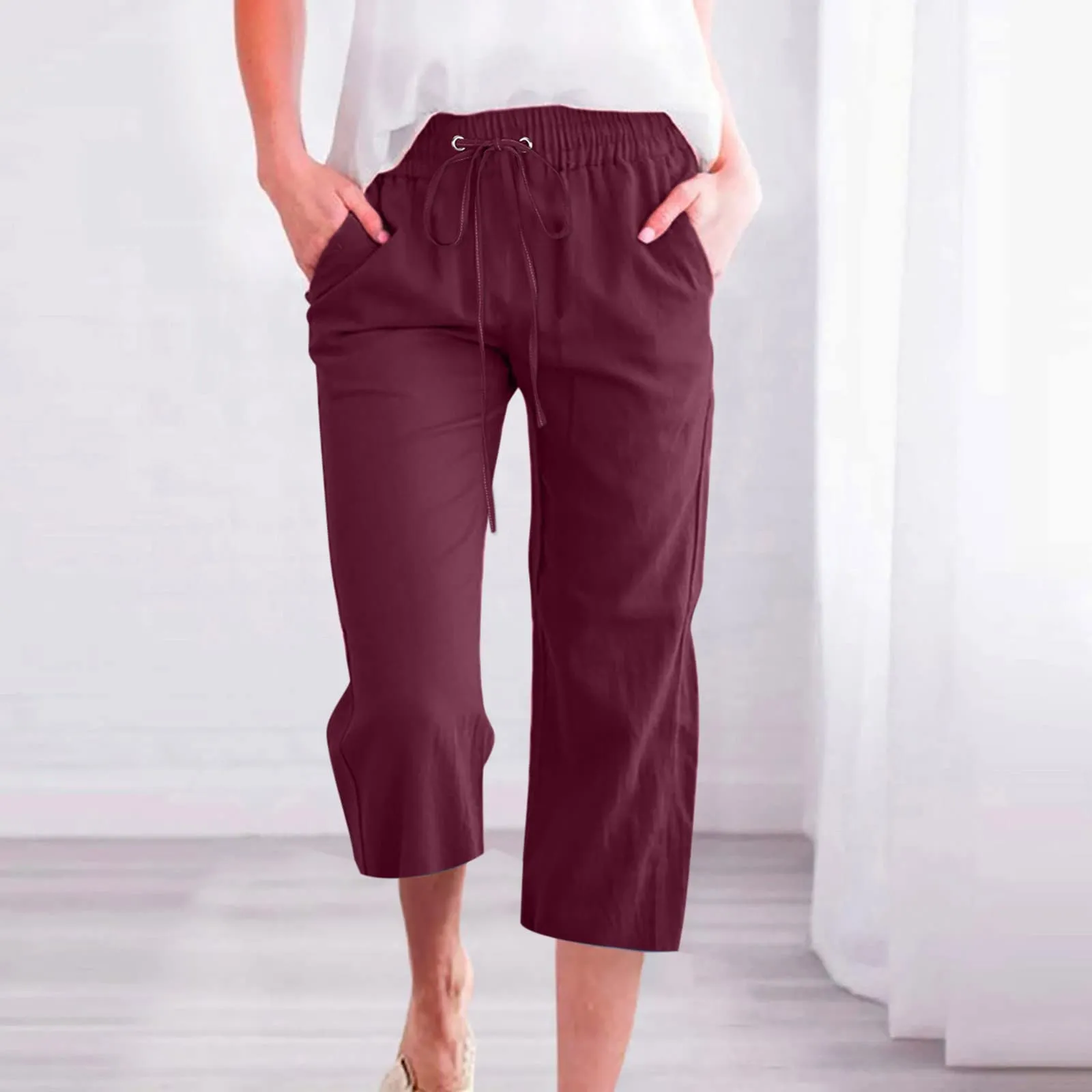 Lightning Deals Today 2024 Capri Pants for Women Casual 2024 Summer Linen Pant Drawstring Elastic Waist Pant Straight Wide Leg Cropped Trousers lightning deals today clearance prime warehouse deal