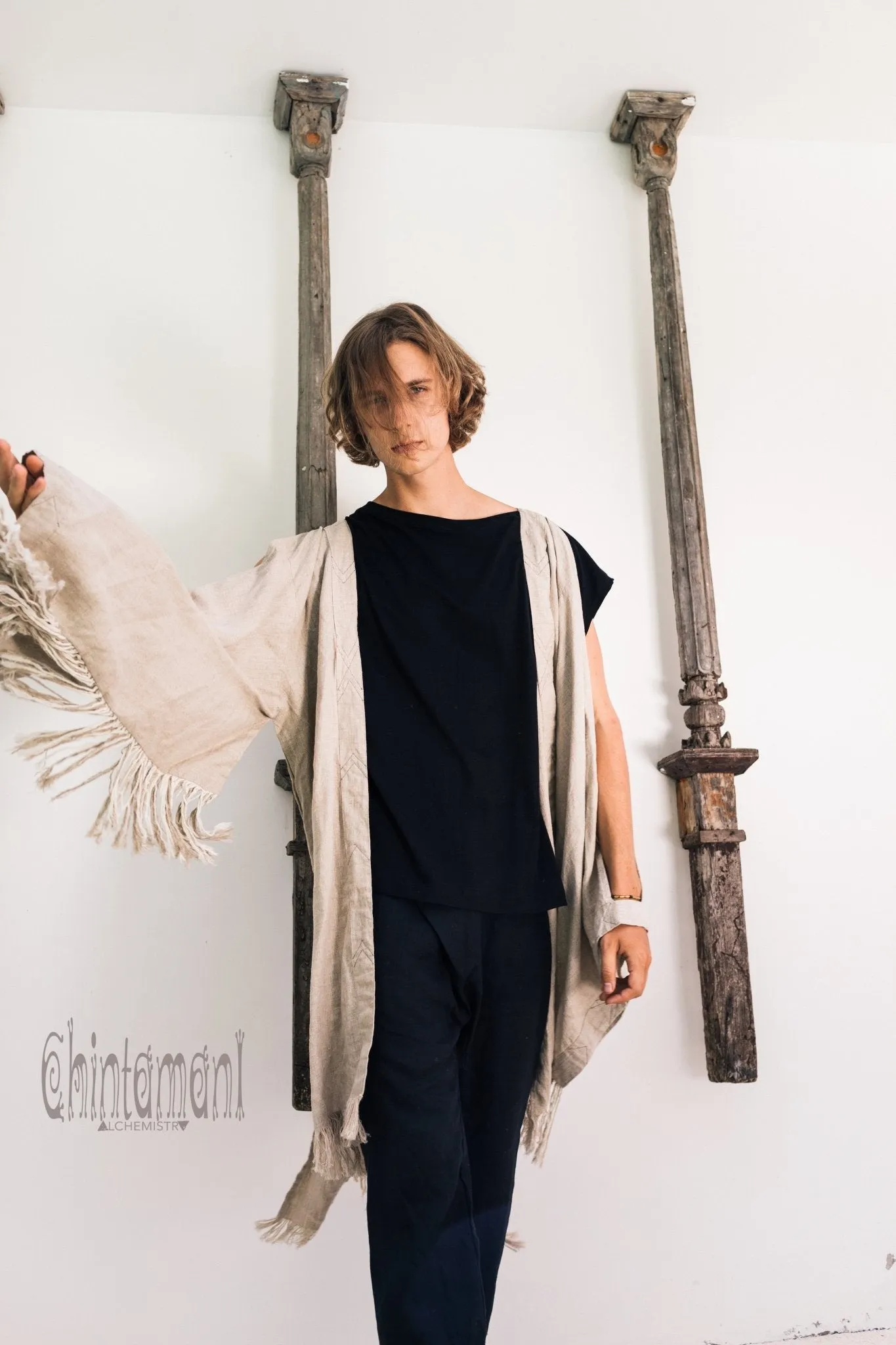 Linen Fringe Kimono Cardigan for Men / Gray