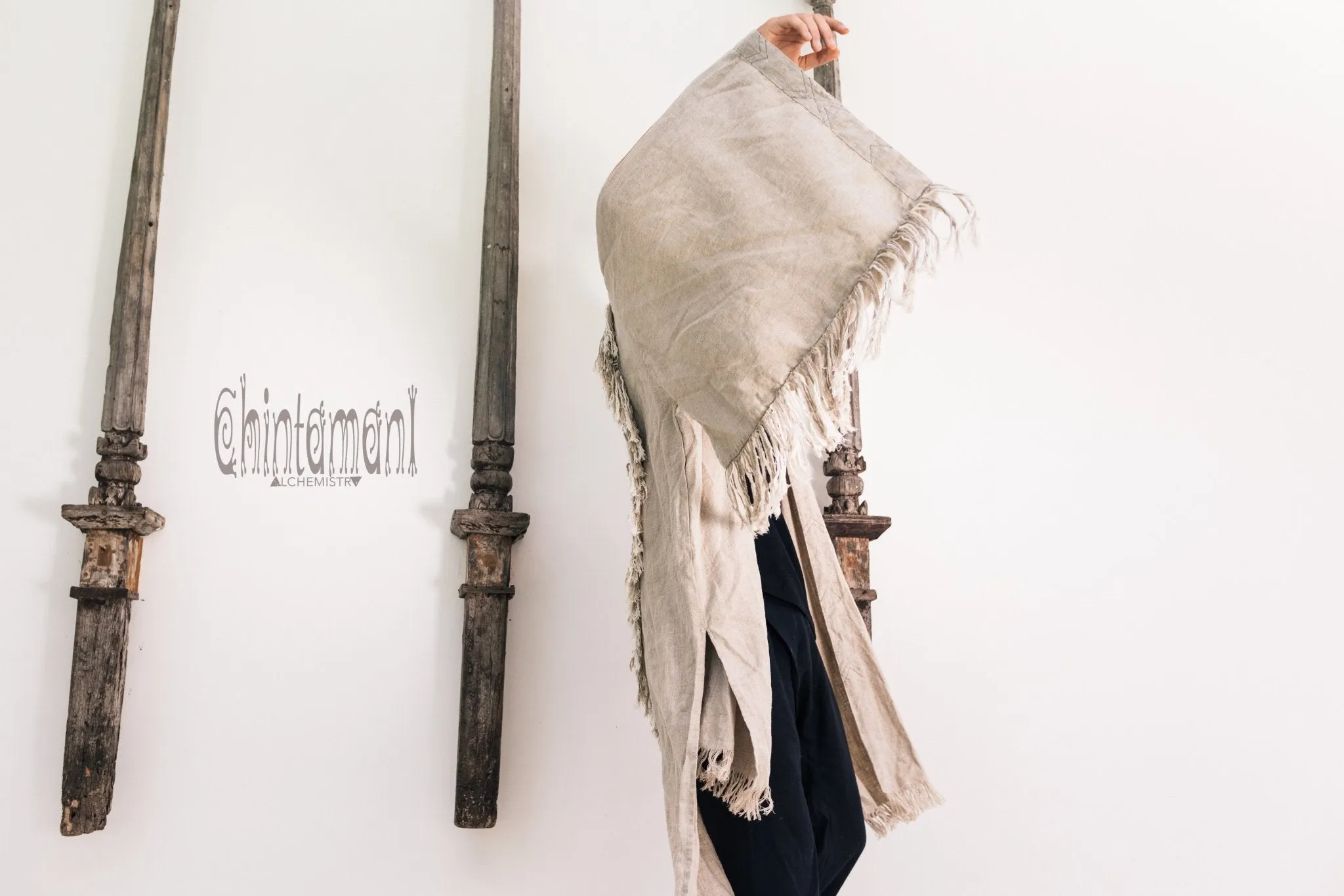 Linen Fringe Kimono Cardigan for Men / Gray