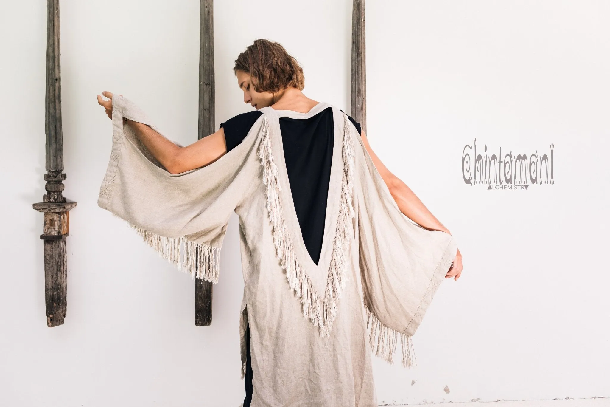 Linen Fringe Kimono Cardigan for Men / Gray