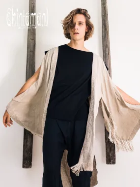 Linen Fringe Kimono Cardigan for Men / Gray