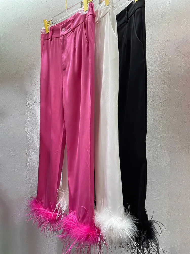 Loose Wide Leg Pants For Women High Waist Solid Minimalist Patchwork Feathers Trousers Female Spring Clothing