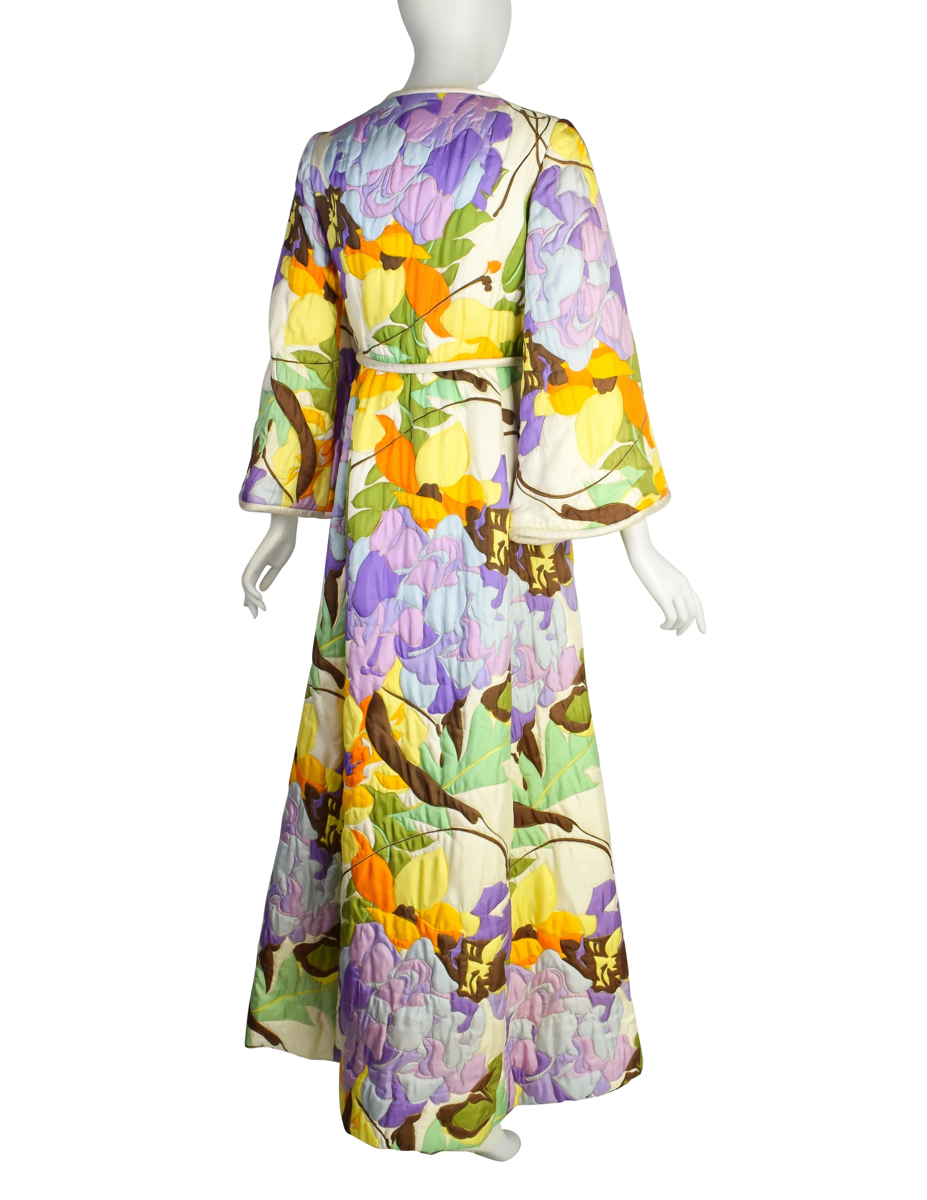 Malcolm Starr by Rizkallah Vintage 1960s Pastel Floral Quilted Satin Hostess Duster Robe Coat