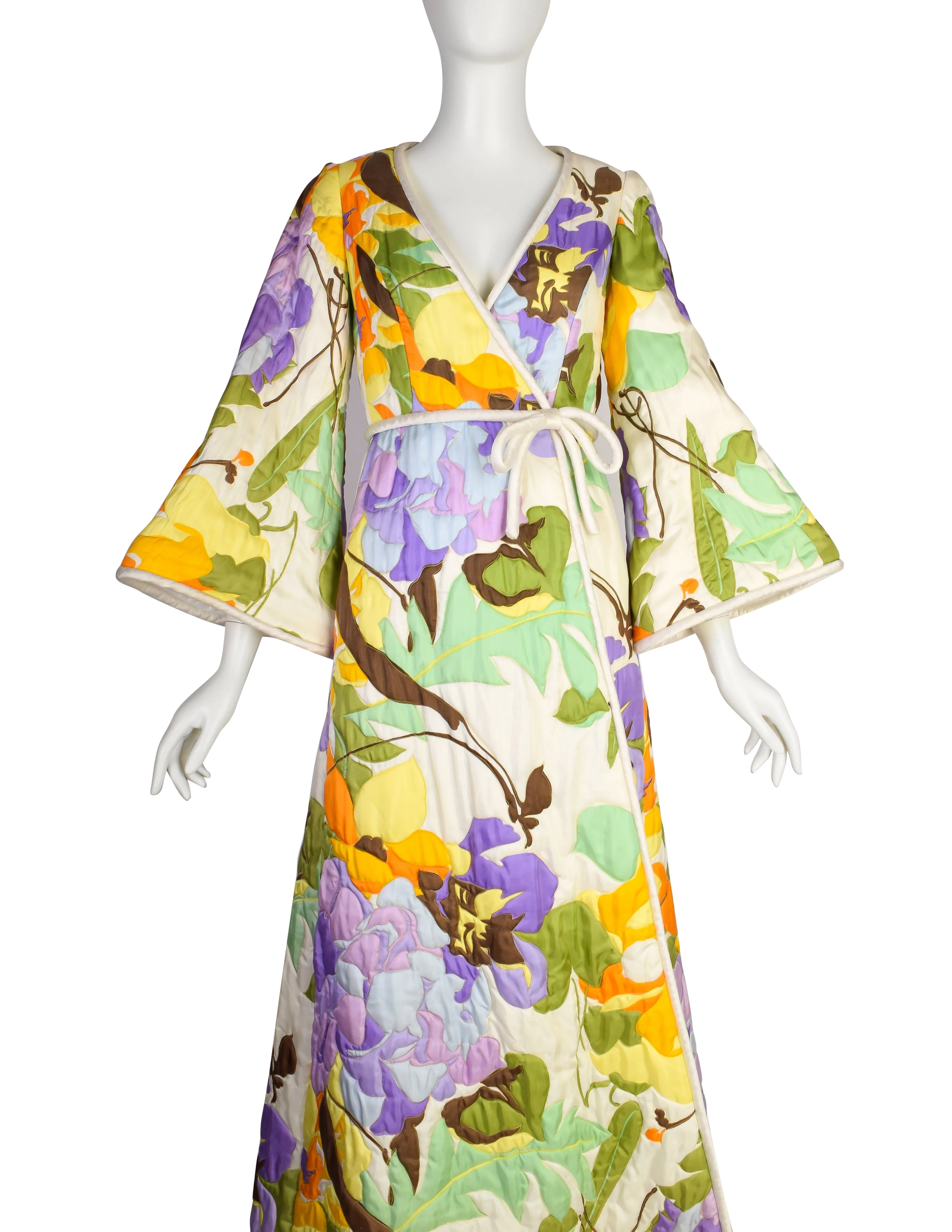 Malcolm Starr by Rizkallah Vintage 1960s Pastel Floral Quilted Satin Hostess Duster Robe Coat