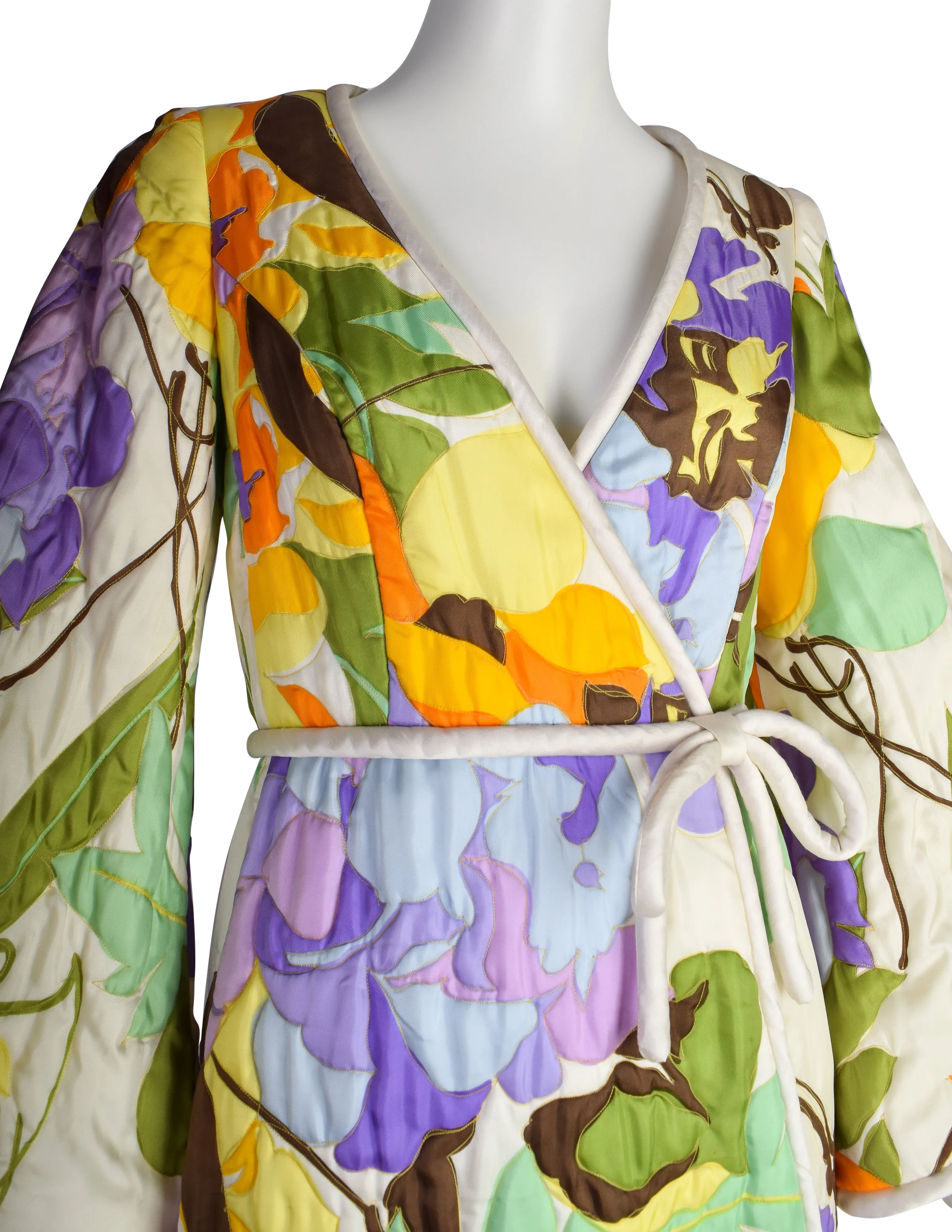 Malcolm Starr by Rizkallah Vintage 1960s Pastel Floral Quilted Satin Hostess Duster Robe Coat