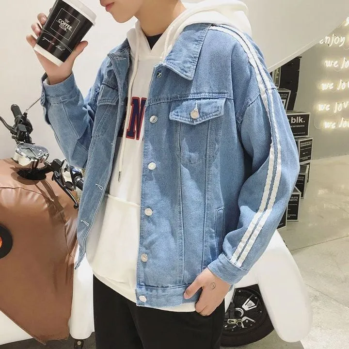 Men High Street Two Strip Denim Jacket Hong Kong Style College Fashion Denim Jacket