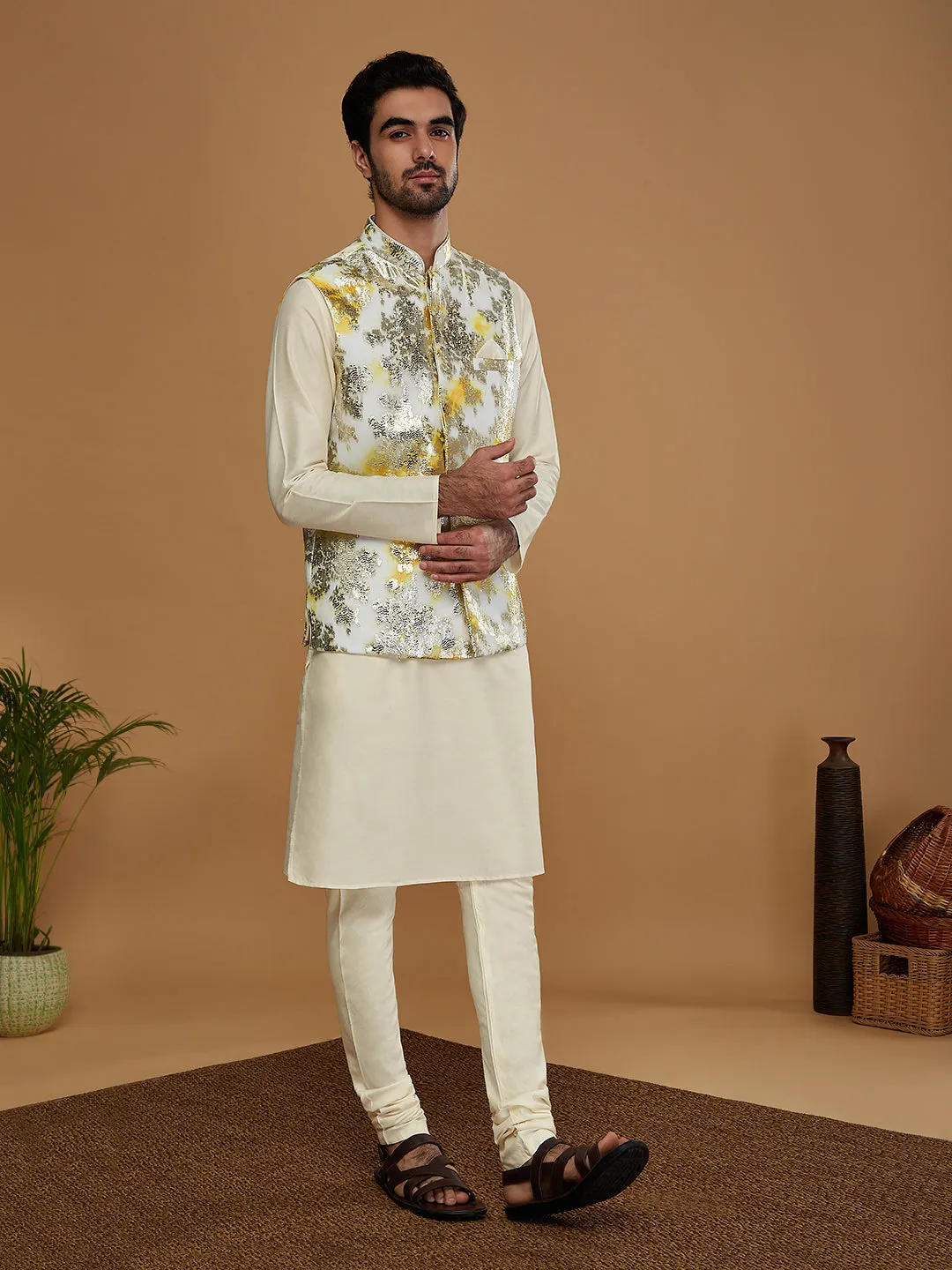 Men Off White Kurta Jacket Churidar Set